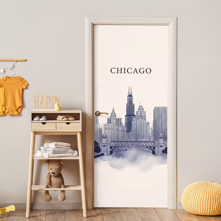 Deursticker - Stad - Skyline - Architectuur - Lijntekening - Blauw — 6