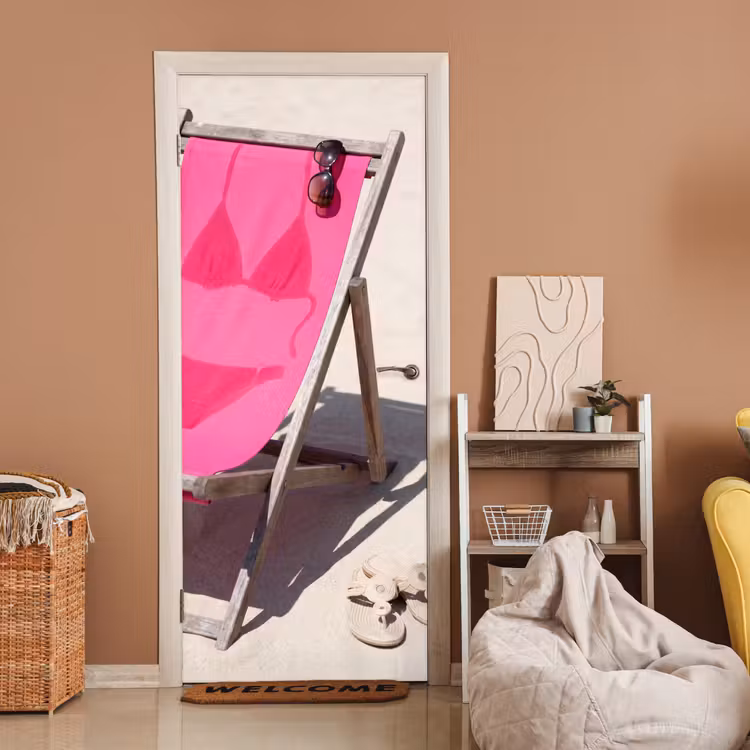 Deursticker - Strand - Ligstoel - Badkleding - Zomer - Roze — 2