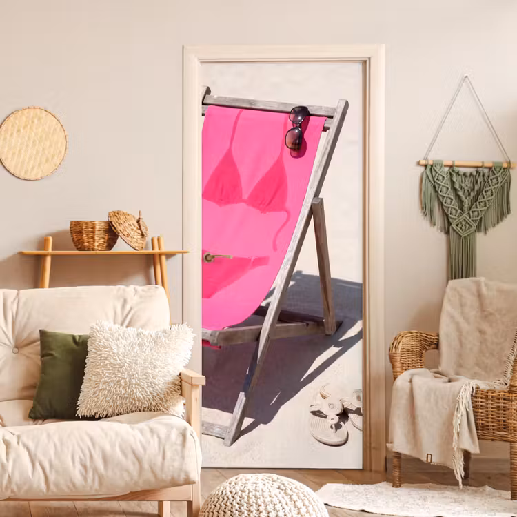 Deursticker - Strand - Ligstoel - Badkleding - Zomer - Roze — 4