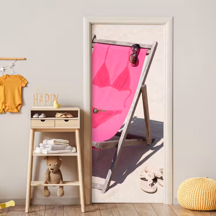 Deursticker - Strand - Ligstoel - Badkleding - Zomer - Roze — 6