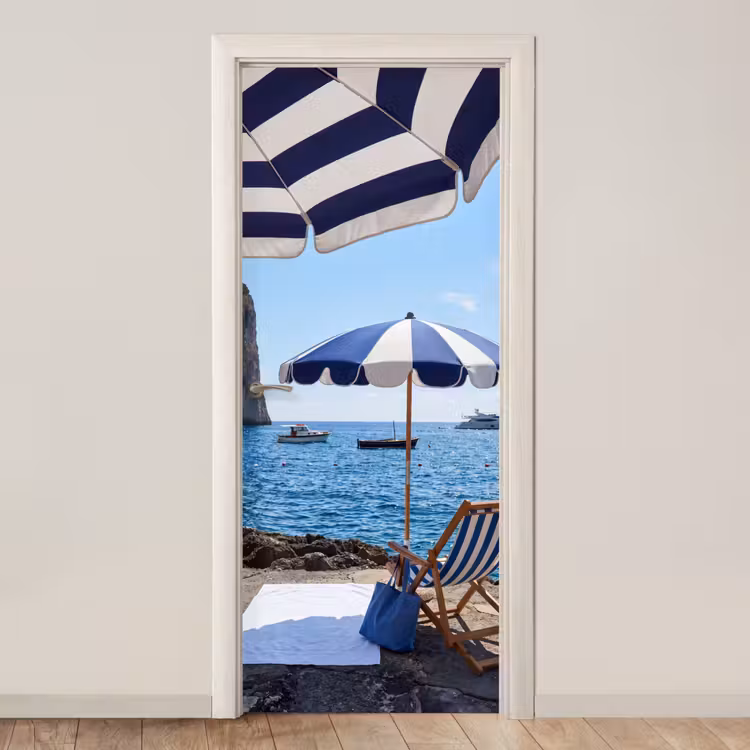 Deursticker - Strand - Ligstoel - Parasol - Zomer - Blauw — 1