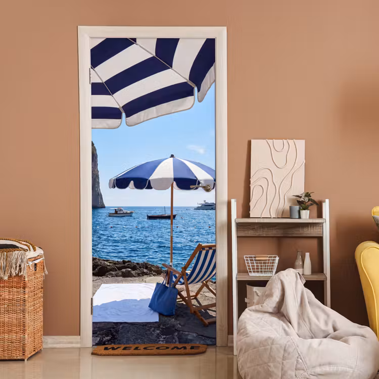 Deursticker - Strand - Ligstoel - Parasol - Zomer - Blauw — 2