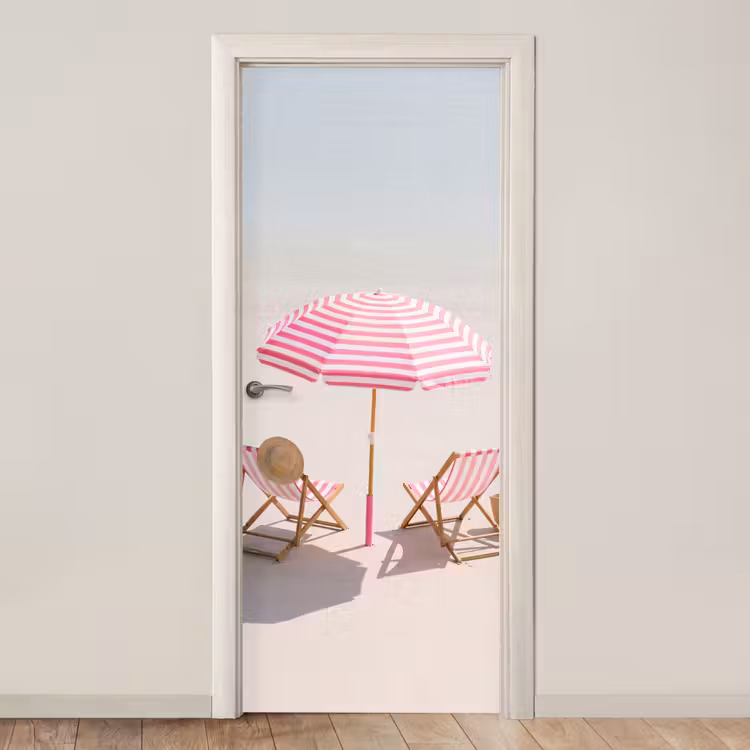 Deursticker - Strand - Parasol - Ligstoel - Zomer - Roze — 1