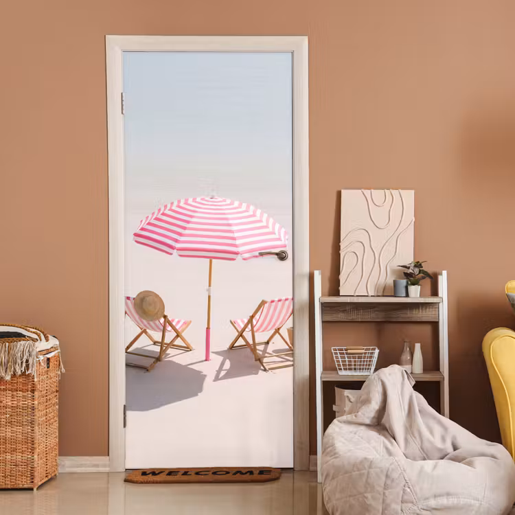 Deursticker - Strand - Parasol - Ligstoel - Zomer - Roze — 2