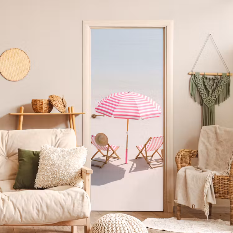 Deursticker - Strand - Parasol - Ligstoel - Zomer - Roze — 4