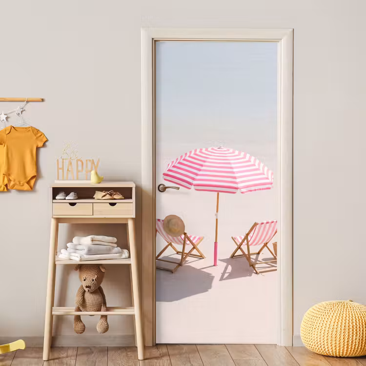 Deursticker - Strand - Parasol - Ligstoel - Zomer - Roze — 6