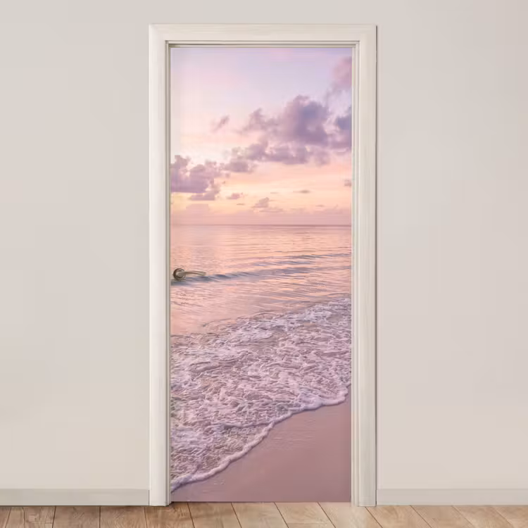 Deursticker - Strand - Zonsondergang - Natuur - Minimalistisch - Roze — 1