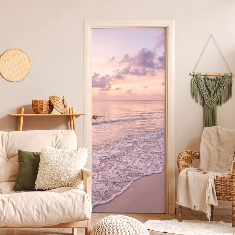 Deursticker - Strand - Zonsondergang - Natuur - Minimalistisch - Roze — 4