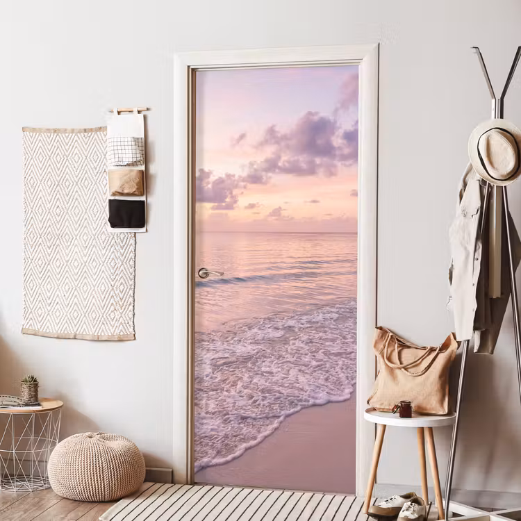 Deursticker - Strand - Zonsondergang - Natuur - Minimalistisch - Roze — 8