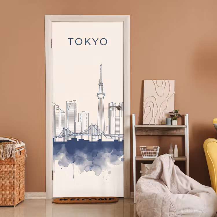 Deursticker - Tokyo - Skyline - Stad - Abstract - Blauw — 2
