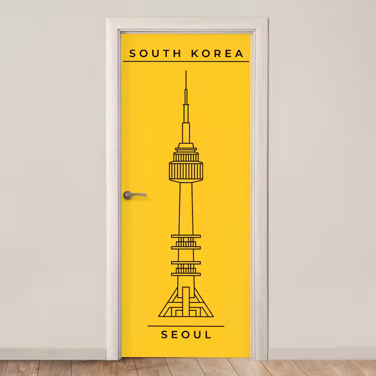 Deursticker - Toren - Seoul - Architectuur - Minimalistisch - Geel — 1