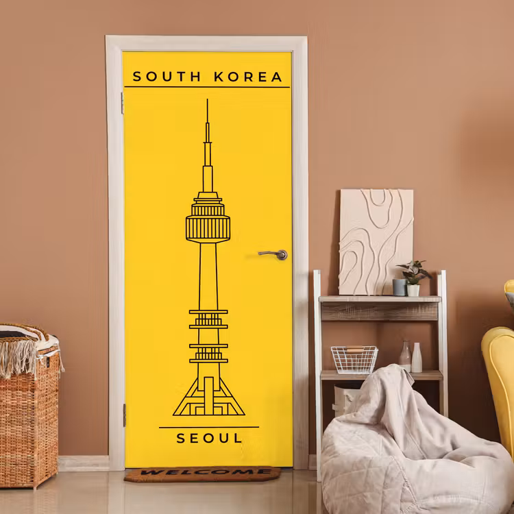 Deursticker - Toren - Seoul - Architectuur - Minimalistisch - Geel — 2