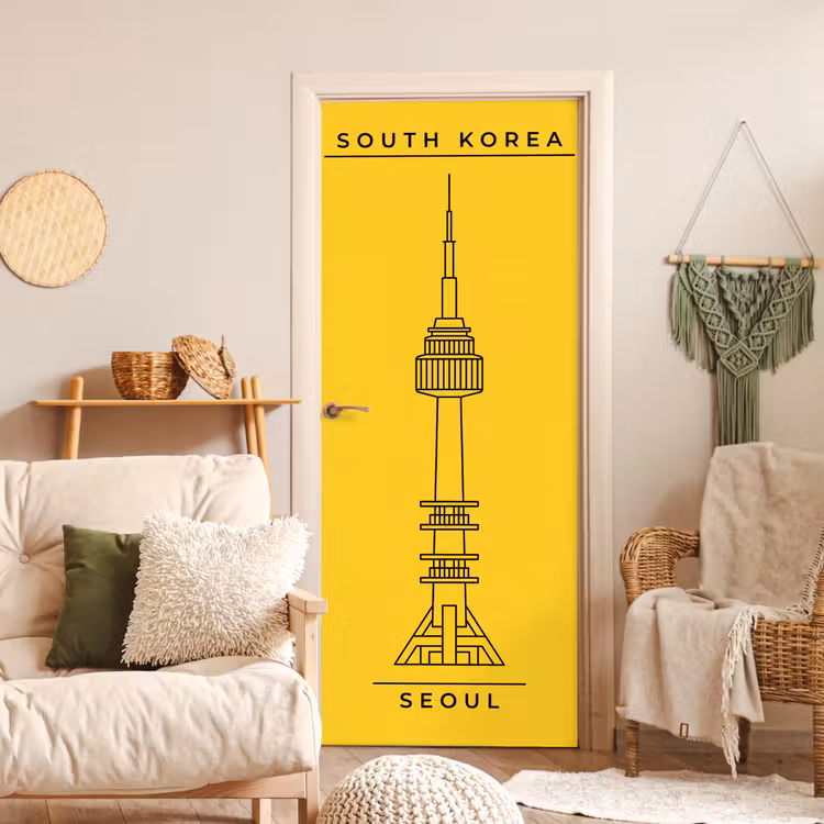 Deursticker - Toren - Seoul - Architectuur - Minimalistisch - Geel — 4