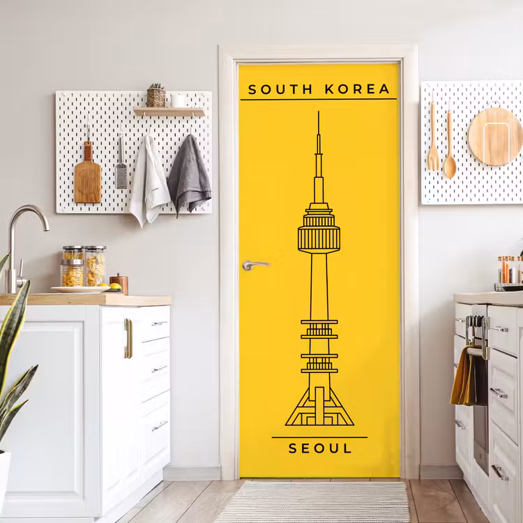 Deursticker - Toren - Seoul - Architectuur - Minimalistisch - Geel — 7