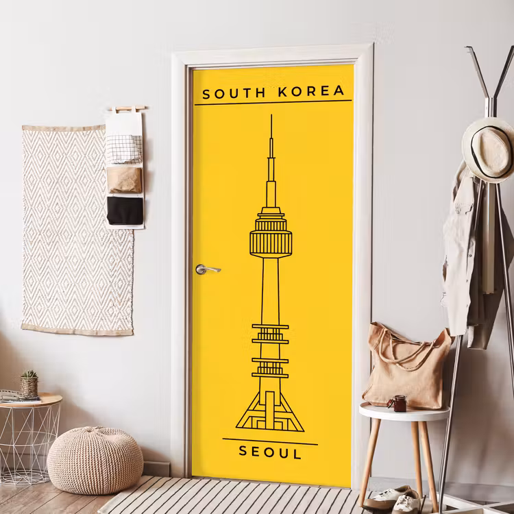 Deursticker - Toren - Seoul - Architectuur - Minimalistisch - Geel — 8