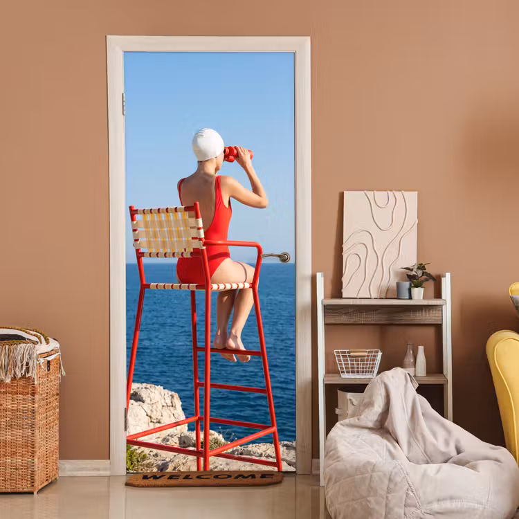 Deursticker - Vrouw - Zee - Kust - Verrekijker - Rood — 2