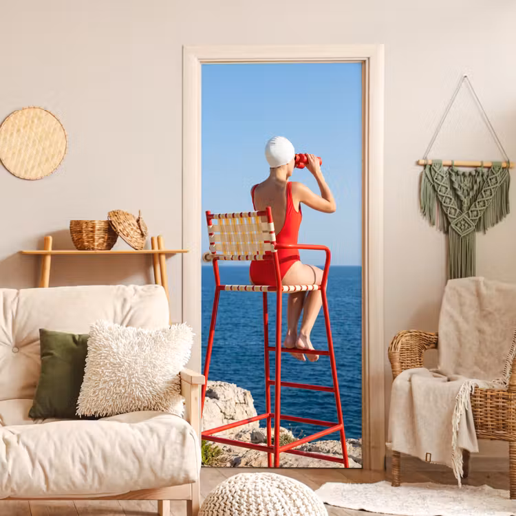 Deursticker - Vrouw - Zee - Kust - Verrekijker - Rood — 4