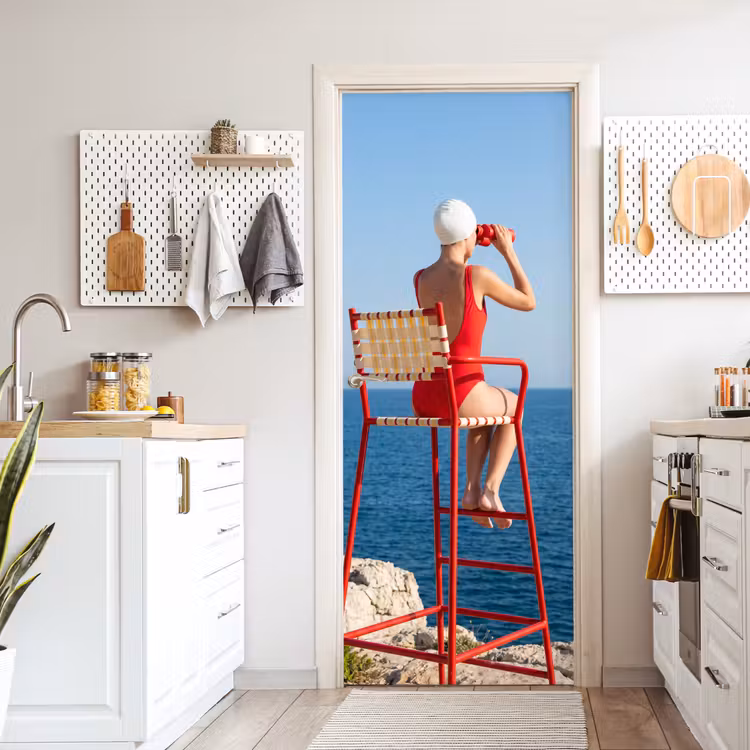 Deursticker - Vrouw - Zee - Kust - Verrekijker - Rood — 7