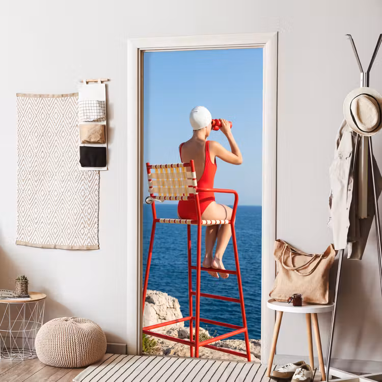 Deursticker - Vrouw - Zee - Kust - Verrekijker - Rood — 8