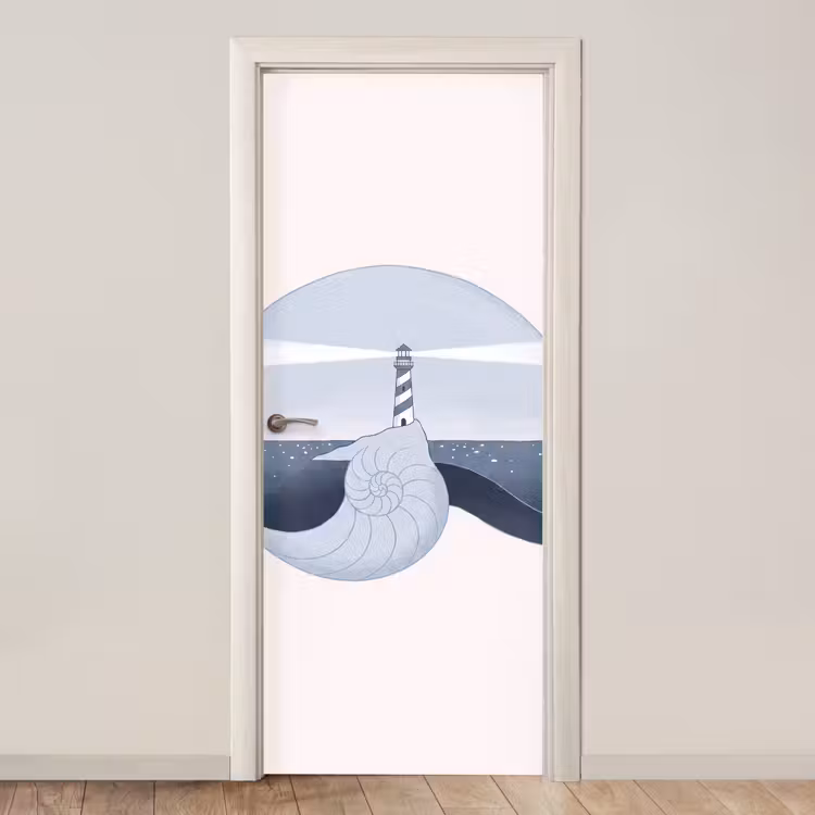 Deursticker - Vuurtoren - Zee - Schelp - Abstract - Blauw — 1