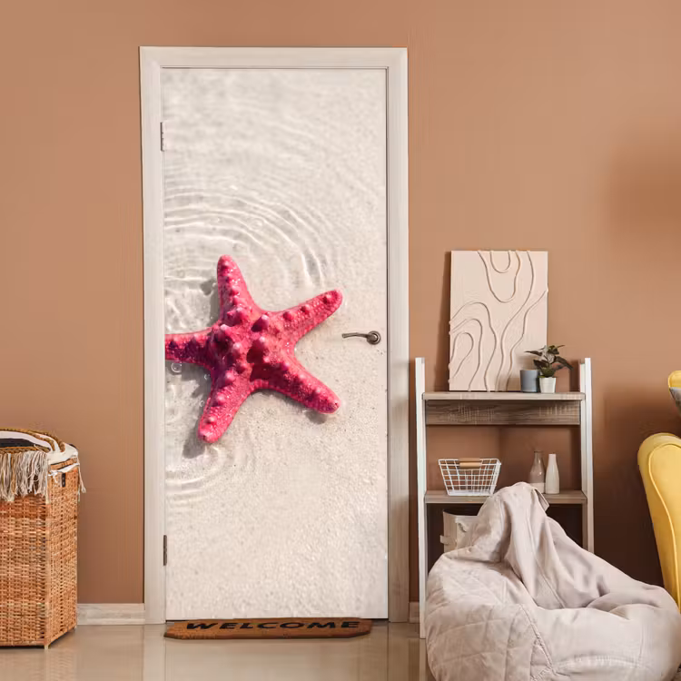 Deursticker - Zeeleven - Zeester - Strand - Roze - Water — 2