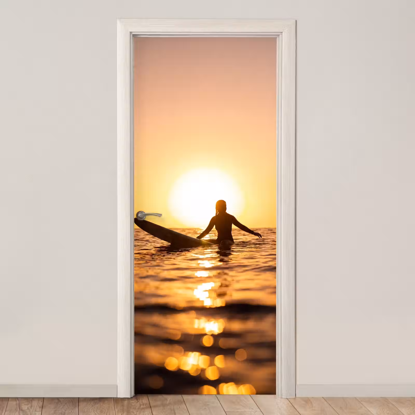 Deursticker - Persoon - Surfen - Zonsondergang - Zee - Oranje — 1