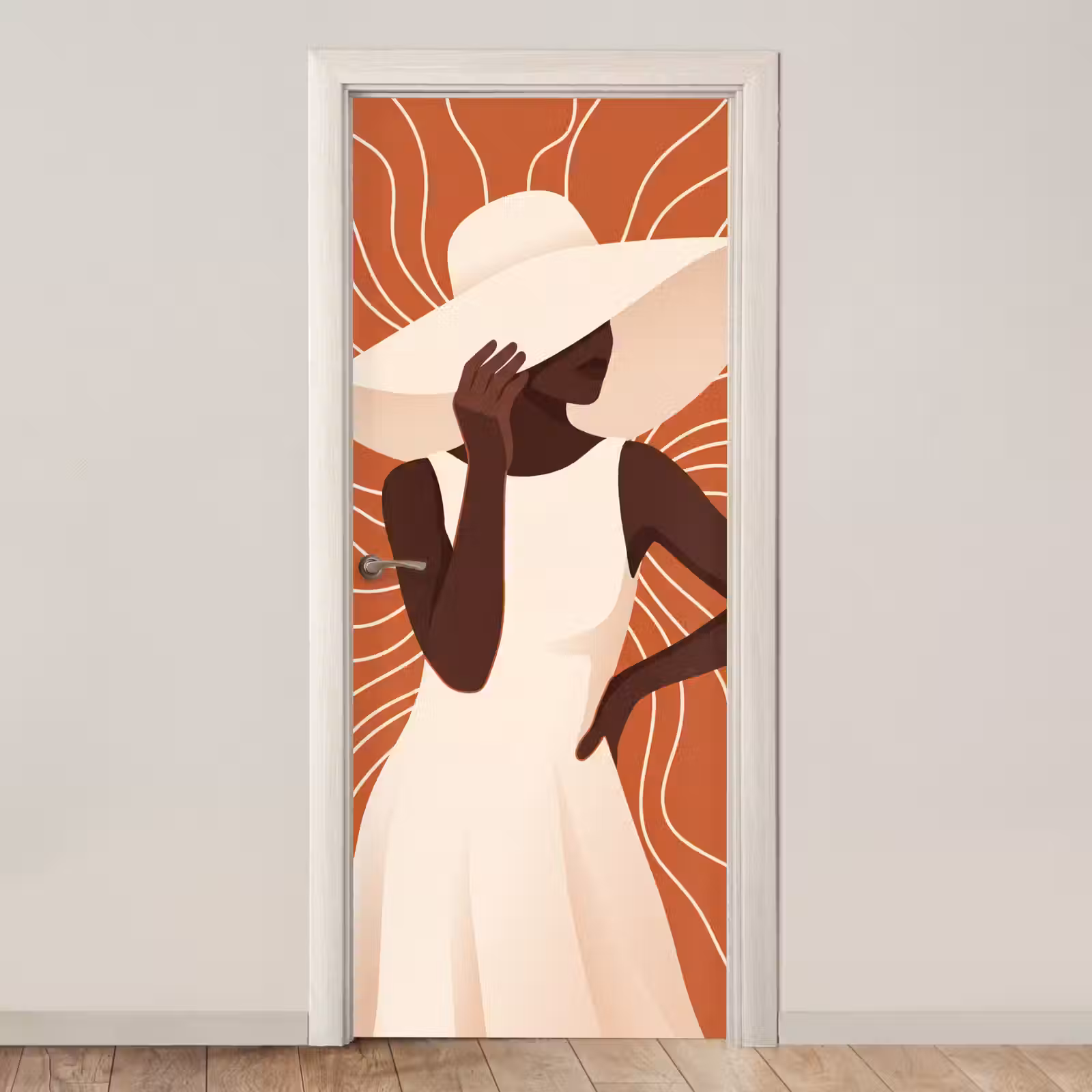 Deursticker - Vrouw - Hoed - Portret - Modern - Beige — 1