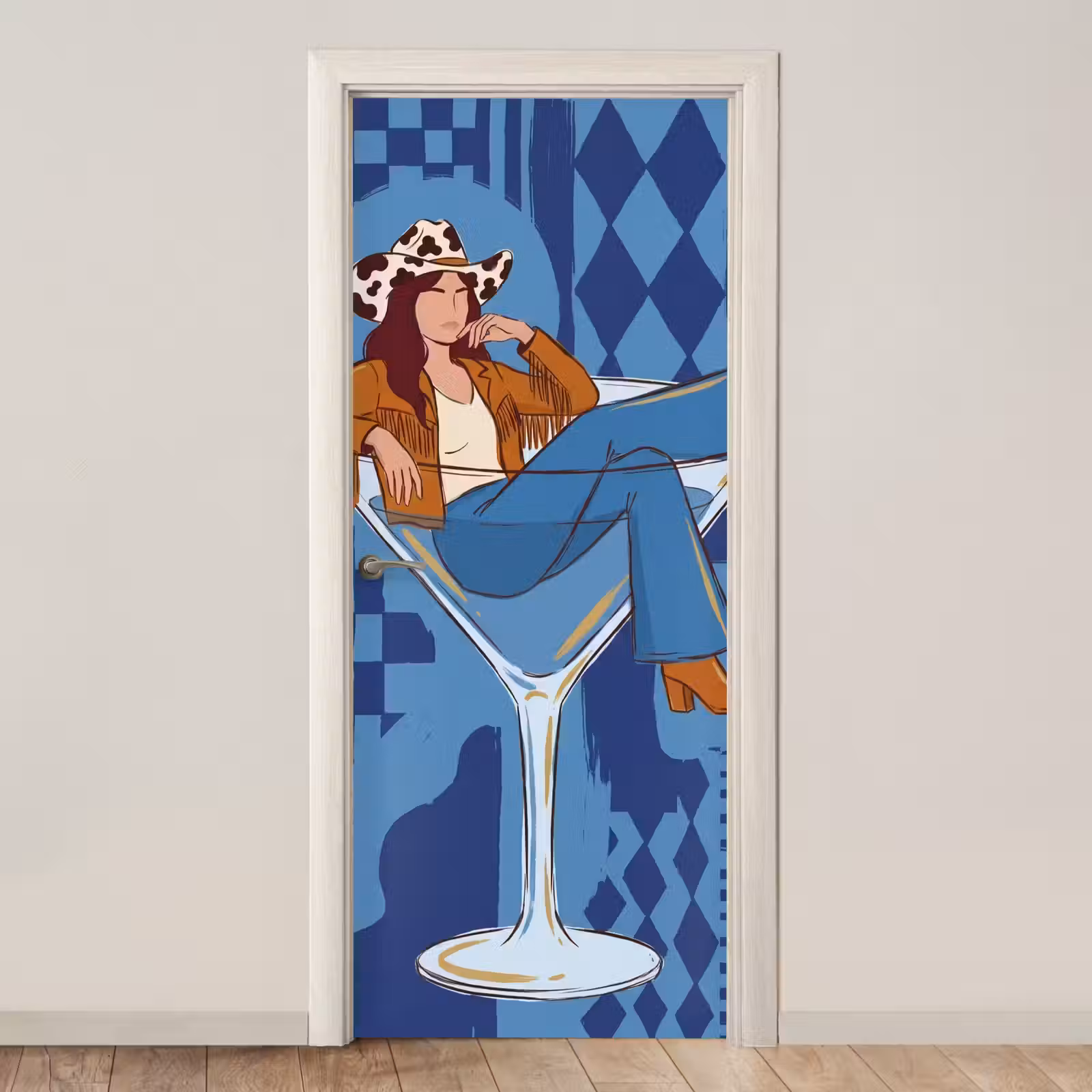 Deursticker - Vrouw - Martini glas - Abstract - Blauw - Kunst — 1