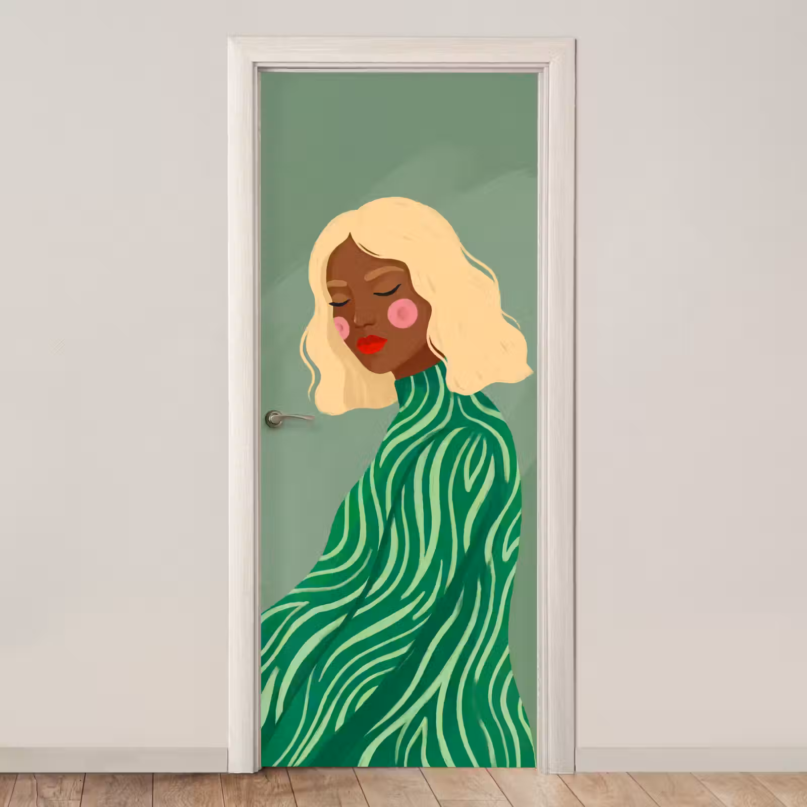 Deursticker - Vrouw - Portret - Illustratie - Modern - Groen — 1