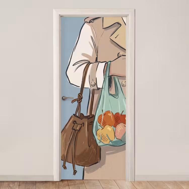 Deursticker - Mensen - Boodschappen - Stadsleven - Modern - Kleurrijk — 1