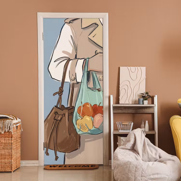 Deursticker - Mensen - Boodschappen - Stadsleven - Modern - Kleurrijk — 2