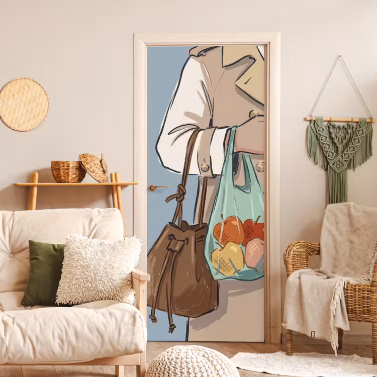 Deursticker - Mensen - Boodschappen - Stadsleven - Modern - Kleurrijk — 4