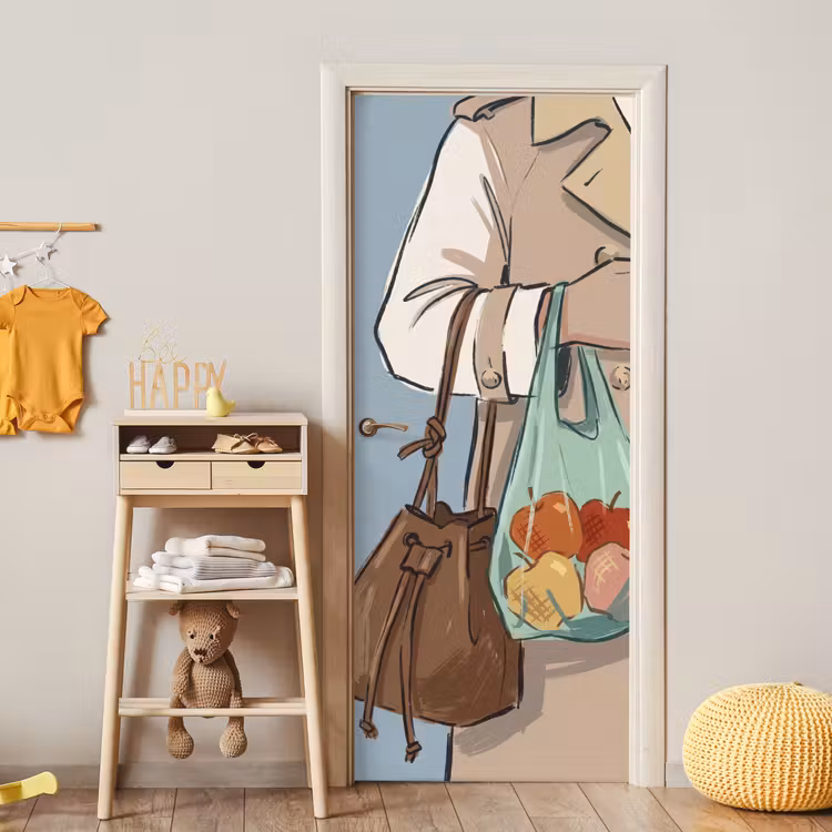 Deursticker - Mensen - Boodschappen - Stadsleven - Modern - Kleurrijk — 6