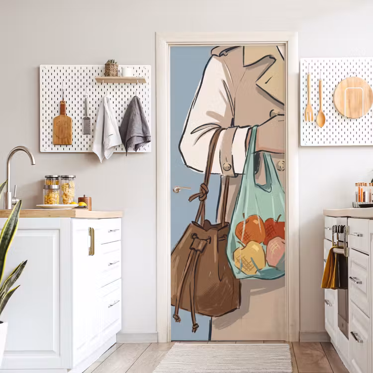 Deursticker - Mensen - Boodschappen - Stadsleven - Modern - Kleurrijk — 7