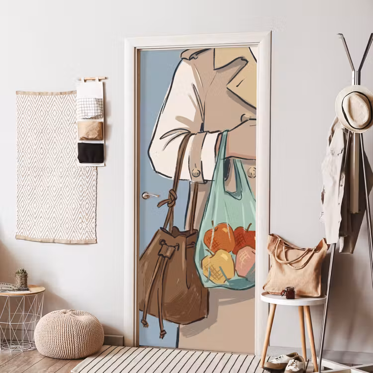 Deursticker - Mensen - Boodschappen - Stadsleven - Modern - Kleurrijk — 8