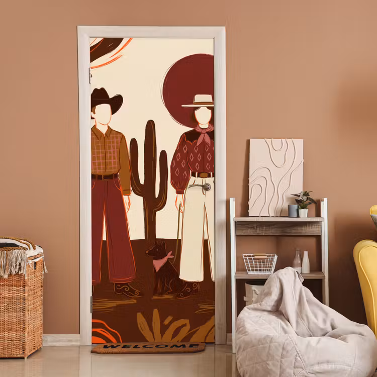 Deursticker - Mensen - Cowboykleding - Westerse stijl - Illustratie - Bruin — 2