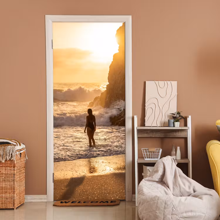 Deursticker - Mensen - Oceaan - Zonsondergang - Kust - Goud — 2