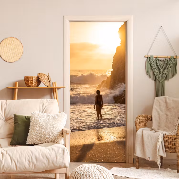 Deursticker - Mensen - Oceaan - Zonsondergang - Kust - Goud — 4