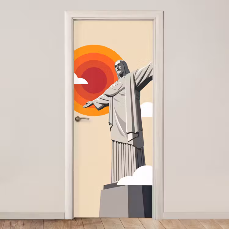 Deursticker - Monument - Stad - Zonsondergang - Minimalistisch - Oranje — 1