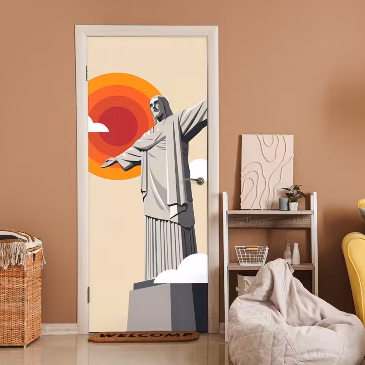 Deursticker - Monument - Stad - Zonsondergang - Minimalistisch - Oranje — 2