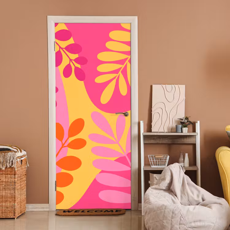 Deursticker - Natuur - Bladeren - Abstract - Roze - Geel — 2