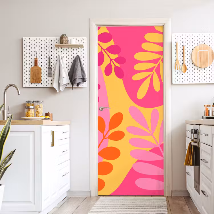 Deursticker - Natuur - Bladeren - Abstract - Roze - Geel — 7