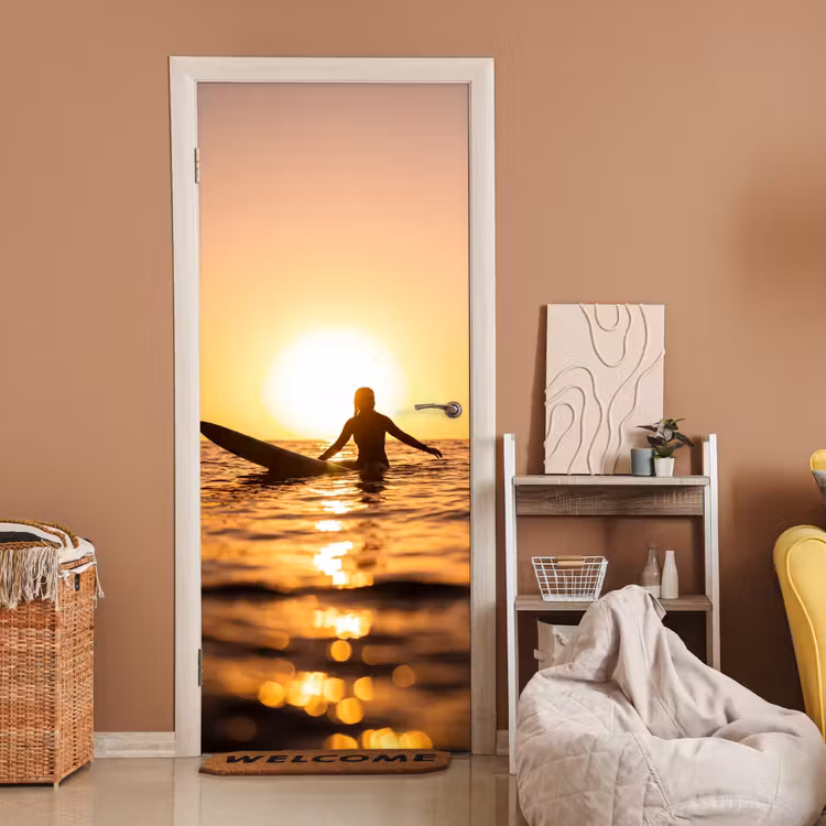 Deursticker - Persoon - Surfen - Zonsondergang - Zee - Oranje — 2