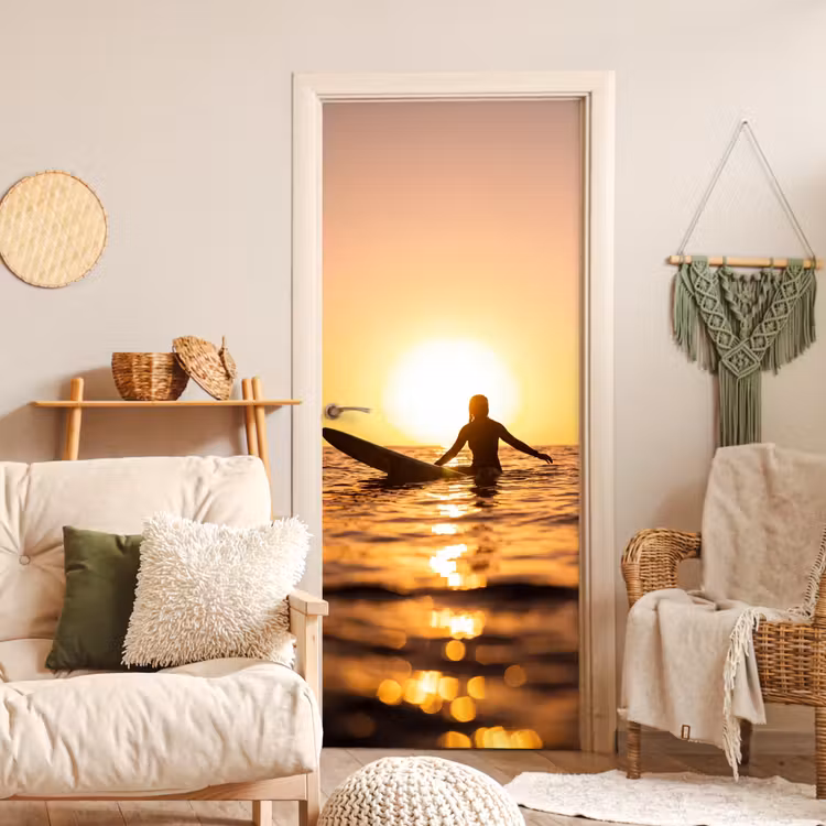 Deursticker - Persoon - Surfen - Zonsondergang - Zee - Oranje — 4