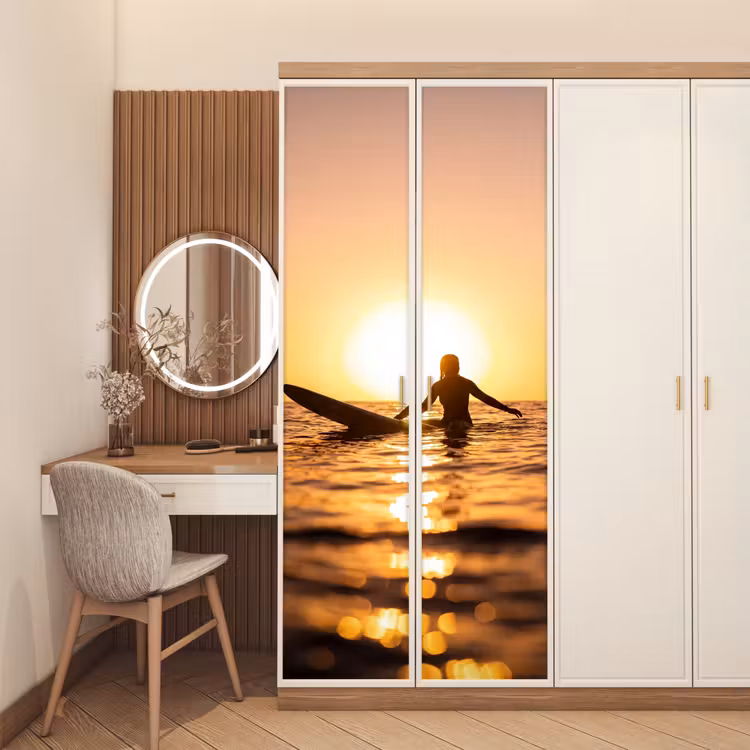 Deursticker - Persoon - Surfen - Zonsondergang - Zee - Oranje — 5