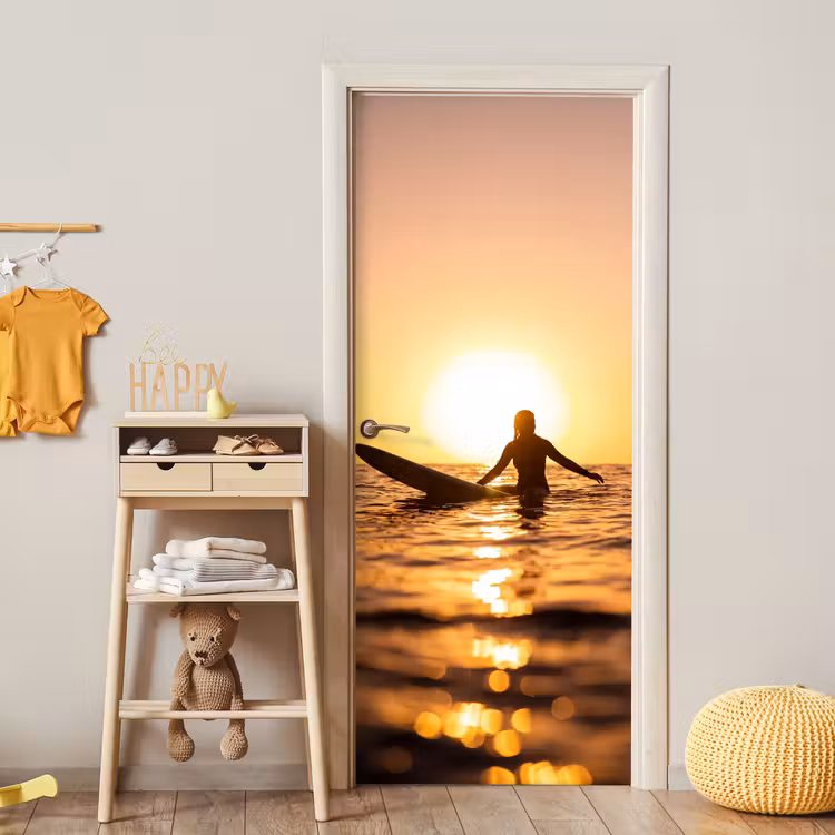 Deursticker - Persoon - Surfen - Zonsondergang - Zee - Oranje — 6