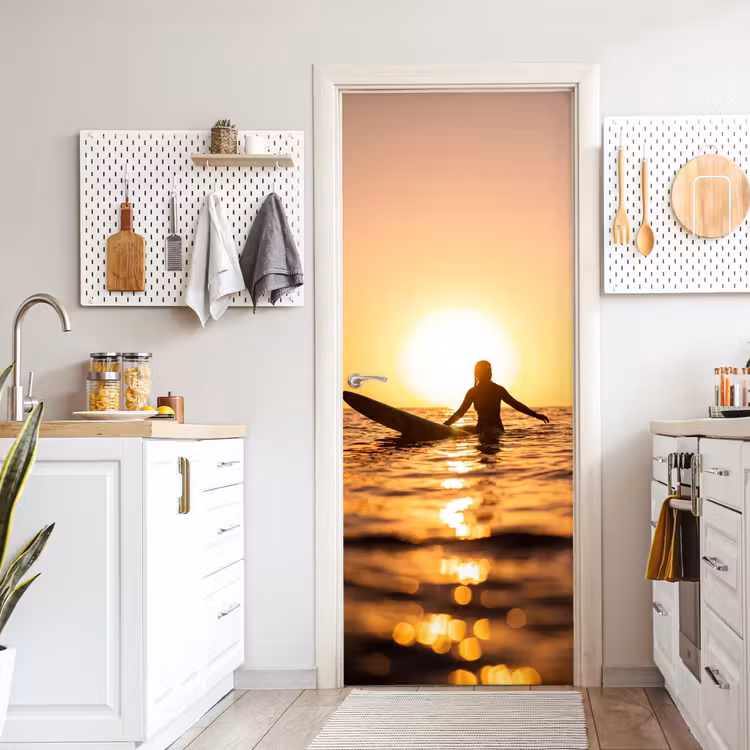 Deursticker - Persoon - Surfen - Zonsondergang - Zee - Oranje — 7