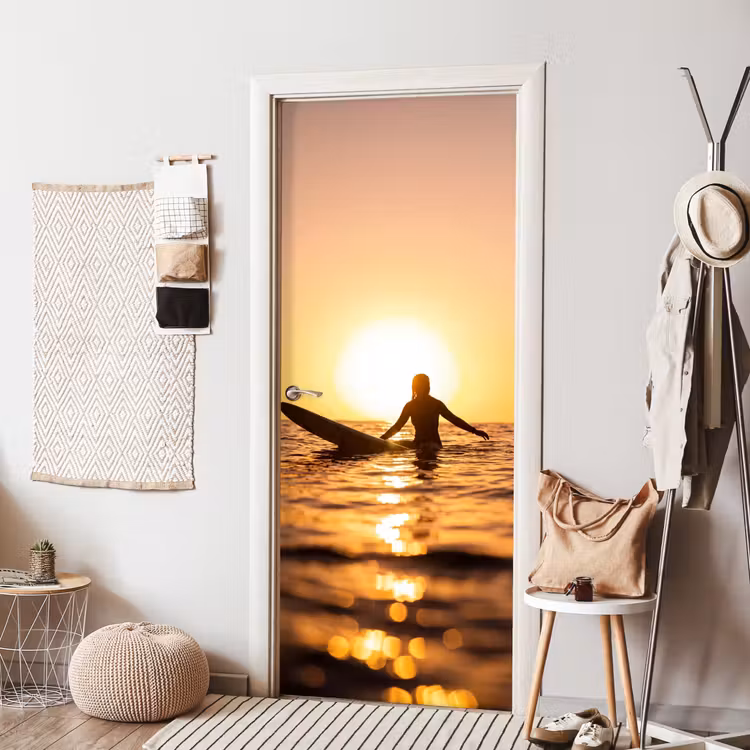 Deursticker - Persoon - Surfen - Zonsondergang - Zee - Oranje — 8
