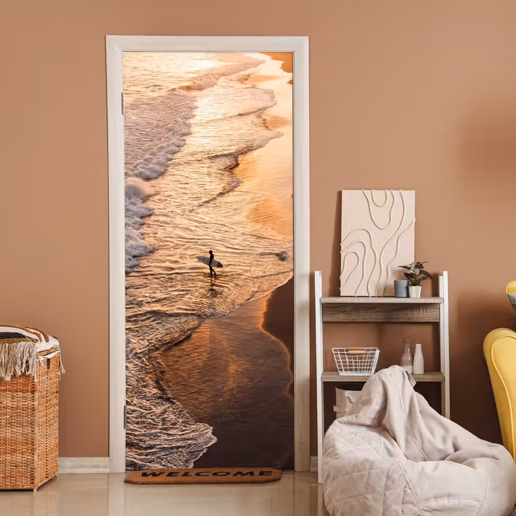 Deursticker - Surfer - Strand - Zonsondergang - Oceaan - Goud — 2