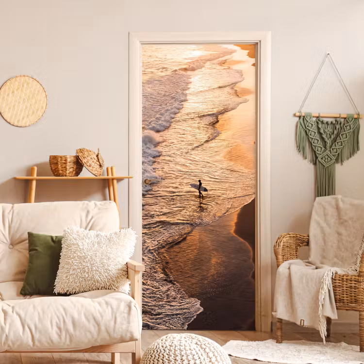 Deursticker - Surfer - Strand - Zonsondergang - Oceaan - Goud — 4